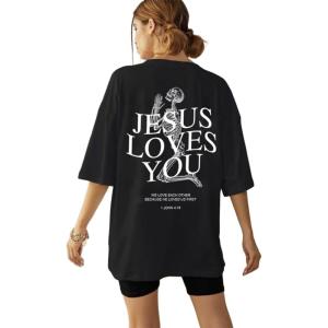 imageUOUA Women Oversized Graphic TShirt Casual Cotton Tees Printed Summer TopsParyskullblack