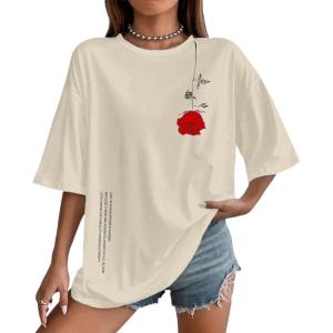 imageUOUA Women Oversized Graphic TShirt Casual Cotton Tees Printed Summer TopsRoseapricot