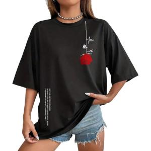 imageUOUA Women Oversized Graphic TShirt Casual Cotton Tees Printed Summer TopsRoseblack