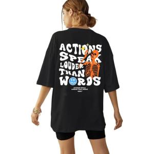 imageUOUA Women Oversized Graphic TShirt Casual Cotton Tees Printed Summer TopsShoutskullblack