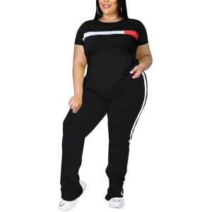 imageUOUA Women Plus Size 2 Piece Sweatsuit Outfits Short Sleeve Shirts ampamp Jogging Pants Track Suit SetPatchwork Blackshort