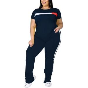 imageUOUA Women Plus Size 2 Piece Sweatsuit Outfits Short Sleeve Shirts ampamp Jogging Pants Track Suit SetPatchwork Navyshort