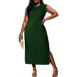 imageUOUA Women Summer Maxi Dresses Plus Size Casual Hawaiian Sundress Sleeveless Loose Split Beach Dress with PocketsDarkgreen