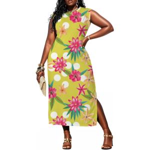 imageUOUA Women Summer Maxi Dresses Plus Size Casual Hawaiian Sundress Sleeveless Loose Split Beach Dress with PocketsFloralgreen