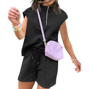 imageUOUA Women Two Piece Summer Outfits Casual Sleeveless Shirt ampamp Shorts Set Workout Sweatsuit Lounge Track SuitBlack