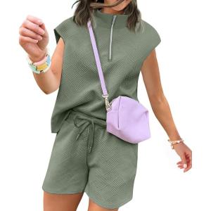 imageUOUA Women Two Piece Summer Outfits Casual Sleeveless Shirt ampamp Shorts Set Workout Sweatsuit Lounge Track SuitGreen