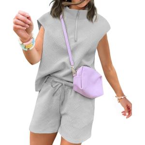 imageUOUA Women Two Piece Summer Outfits Casual Sleeveless Shirt ampamp Shorts Set Workout Sweatsuit Lounge Track SuitGrey