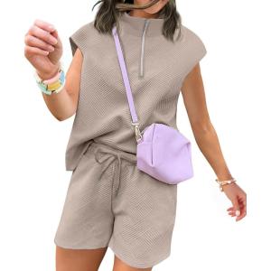 imageUOUA Women Two Piece Summer Outfits Casual Sleeveless Shirt ampamp Shorts Set Workout Sweatsuit Lounge Track SuitKhaki