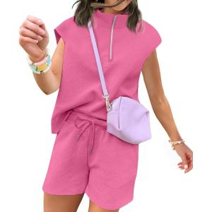 imageUOUA Women Two Piece Summer Outfits Casual Sleeveless Shirt ampamp Shorts Set Workout Sweatsuit Lounge Track SuitPink