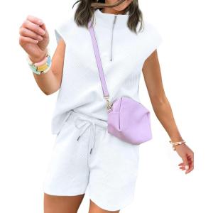 imageUOUA Women Two Piece Summer Outfits Casual Sleeveless Shirt ampamp Shorts Set Workout Sweatsuit Lounge Track SuitWhite