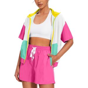 imageUOUA Womens 80s Color Block Outfits 2 Piece Tracksuit 90s Party Costume Summer Zip Up Windbreaker ampamp Short SetsPinkwhite