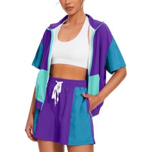 imageUOUA Womens 80s Color Block Outfits 2 Piece Tracksuit 90s Party Costume Summer Zip Up Windbreaker ampamp Short SetsPurplishblue