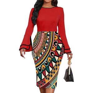 imageUOUA Womens Church Dress Bell Sleeve Cocktail Business Work Dresses Tea Party Floral Print Pencil DressesRed