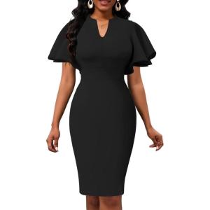 imageUOUA Womens Church Ruffle Sleeve Bodycon Work Midi Pencil Dress12 Flutter Sleeve Black