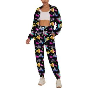 imageUOUA Womens Color Block 2 Piece 80s 90s Outfits Long Sleeve Windbreaker Jacket Tracksuit SetBlack Print