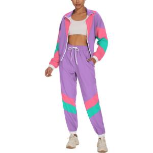 imageUOUA Womens Color Block 2 Piece 80s 90s Outfits Long Sleeve Windbreaker Jacket Tracksuit SetLavender
