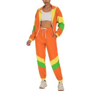 imageUOUA Womens Color Block 2 Piece 80s 90s Outfits Long Sleeve Windbreaker Jacket Tracksuit SetOrange