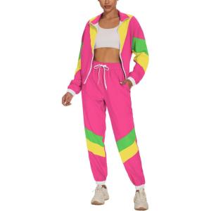 imageUOUA Womens Color Block 2 Piece 80s 90s Outfits Long Sleeve Windbreaker Jacket Tracksuit SetPink