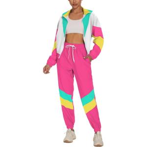 imageUOUA Womens Color Block 2 Piece 80s 90s Outfits Long Sleeve Windbreaker Jacket Tracksuit SetPink White