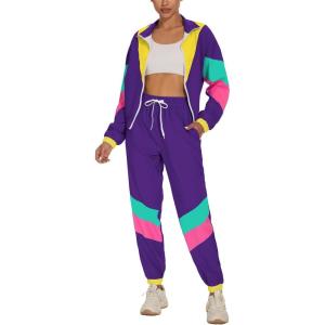 imageUOUA Womens Color Block 2 Piece 80s 90s Outfits Long Sleeve Windbreaker Jacket Tracksuit SetPurple