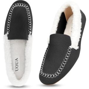 imageUOUA Womens Knit Moccasin Slippers for Indoor Outdoor Faux Fur House Slippers Fuzzy Slipon Loafers Winter ShoesBlack
