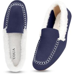 imageUOUA Womens Knit Moccasin Slippers for Indoor Outdoor Faux Fur House Slippers Fuzzy Slipon Loafers Winter ShoesBlue