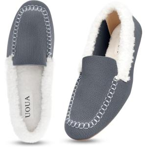 imageUOUA Womens Knit Moccasin Slippers for Indoor Outdoor Faux Fur House Slippers Fuzzy Slipon Loafers Winter ShoesGrey