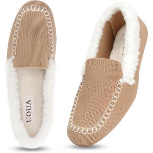 imageUOUA Womens Knit Moccasin Slippers for Indoor Outdoor Faux Fur House Slippers Fuzzy Slipon Loafers Winter ShoesLightcoffee