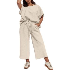 imageUOUA Womens Plus Size Sweatsuit 2 Piece Outfits Summer Short Sleeve Tops Wide Leg Pants Tracksuit Lounge SetsBeige