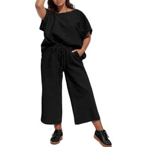 imageUOUA Womens Plus Size Sweatsuit 2 Piece Outfits Summer Short Sleeve Tops Wide Leg Pants Tracksuit Lounge SetsBlack