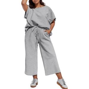 imageUOUA Womens Plus Size Sweatsuit 2 Piece Outfits Summer Short Sleeve Tops Wide Leg Pants Tracksuit Lounge SetsGrey