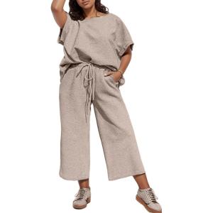 imageUOUA Womens Plus Size Sweatsuit 2 Piece Outfits Summer Short Sleeve Tops Wide Leg Pants Tracksuit Lounge SetsKhaki