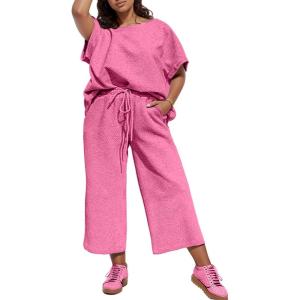 imageUOUA Womens Plus Size Sweatsuit 2 Piece Outfits Summer Short Sleeve Tops Wide Leg Pants Tracksuit Lounge SetsPink