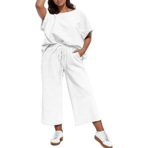 imageUOUA Womens Plus Size Sweatsuit 2 Piece Outfits Summer Short Sleeve Tops Wide Leg Pants Tracksuit Lounge SetsWhite