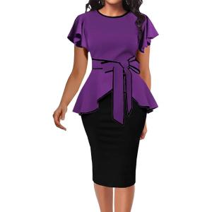 imageWomen Church Dress Vintage Ruffle Sleeves Pencil Dress Business Bodycon Peplum Midi Dresses for WorkPurpleblack