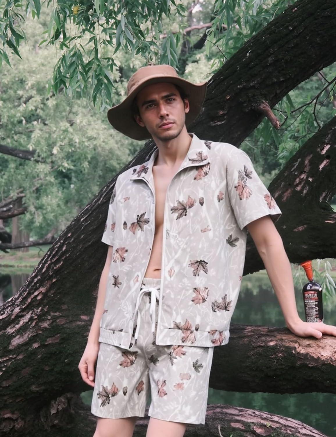 imageUOUA 80s Outfit for Men 90s Color Block Costumes 2 Piece Retro Short Sleeve Jacket ampamp Shorts Set for PartyBeige Branches