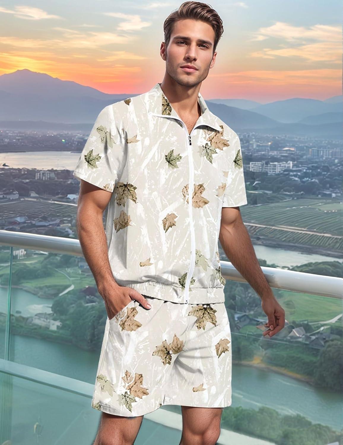 imageUOUA 80s Outfit for Men 90s Color Block Costumes 2 Piece Retro Short Sleeve Jacket ampamp Shorts Set for PartyBeige Branches