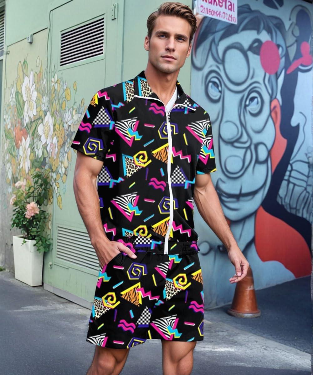 imageUOUA 80s Outfit for Men 90s Color Block Costumes 2 Piece Retro Short Sleeve Jacket ampamp Shorts Set for PartyBlackprint