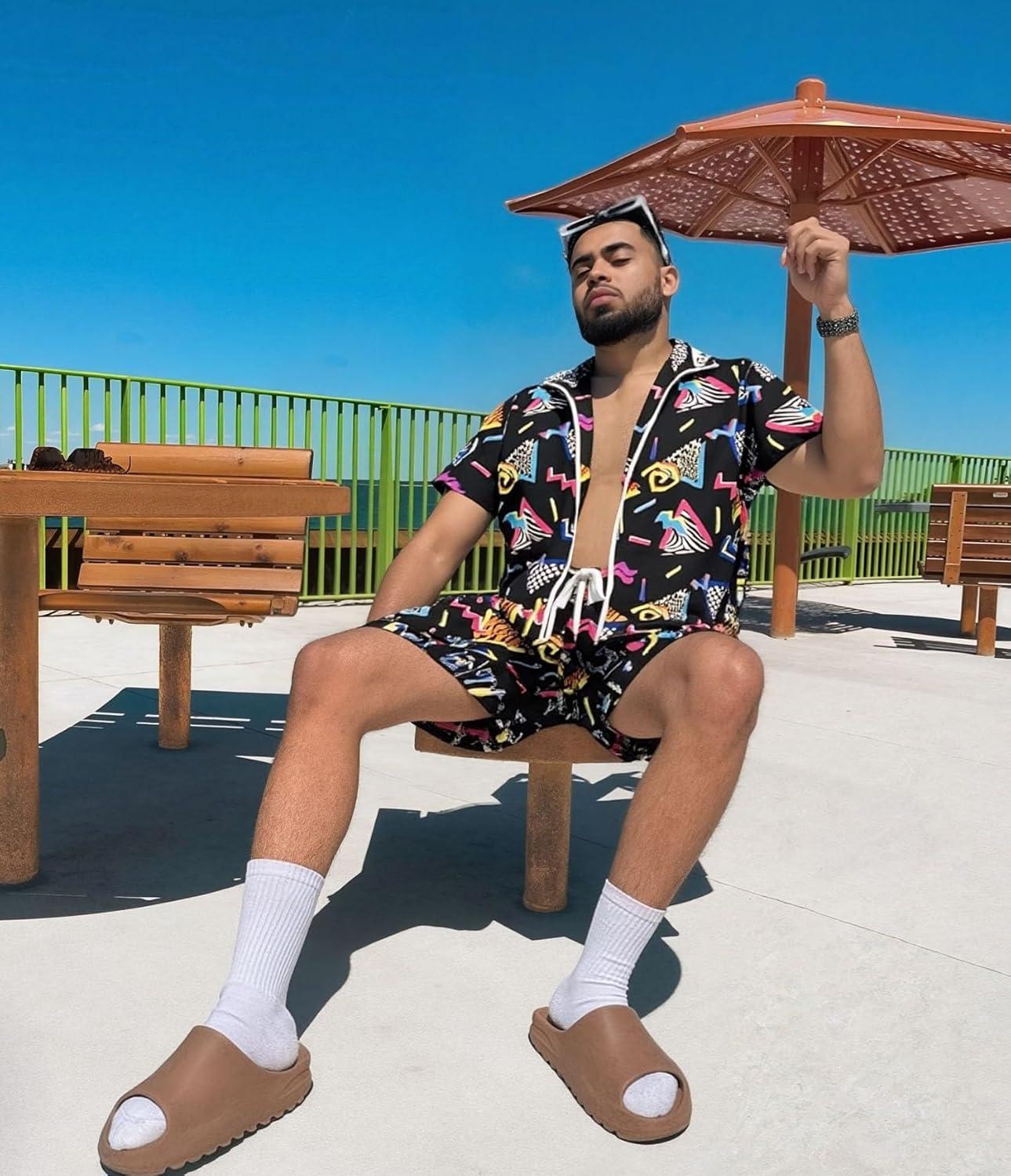 imageUOUA 80s Outfit for Men 90s Color Block Costumes 2 Piece Retro Short Sleeve Jacket ampamp Shorts Set for PartyBlackprint