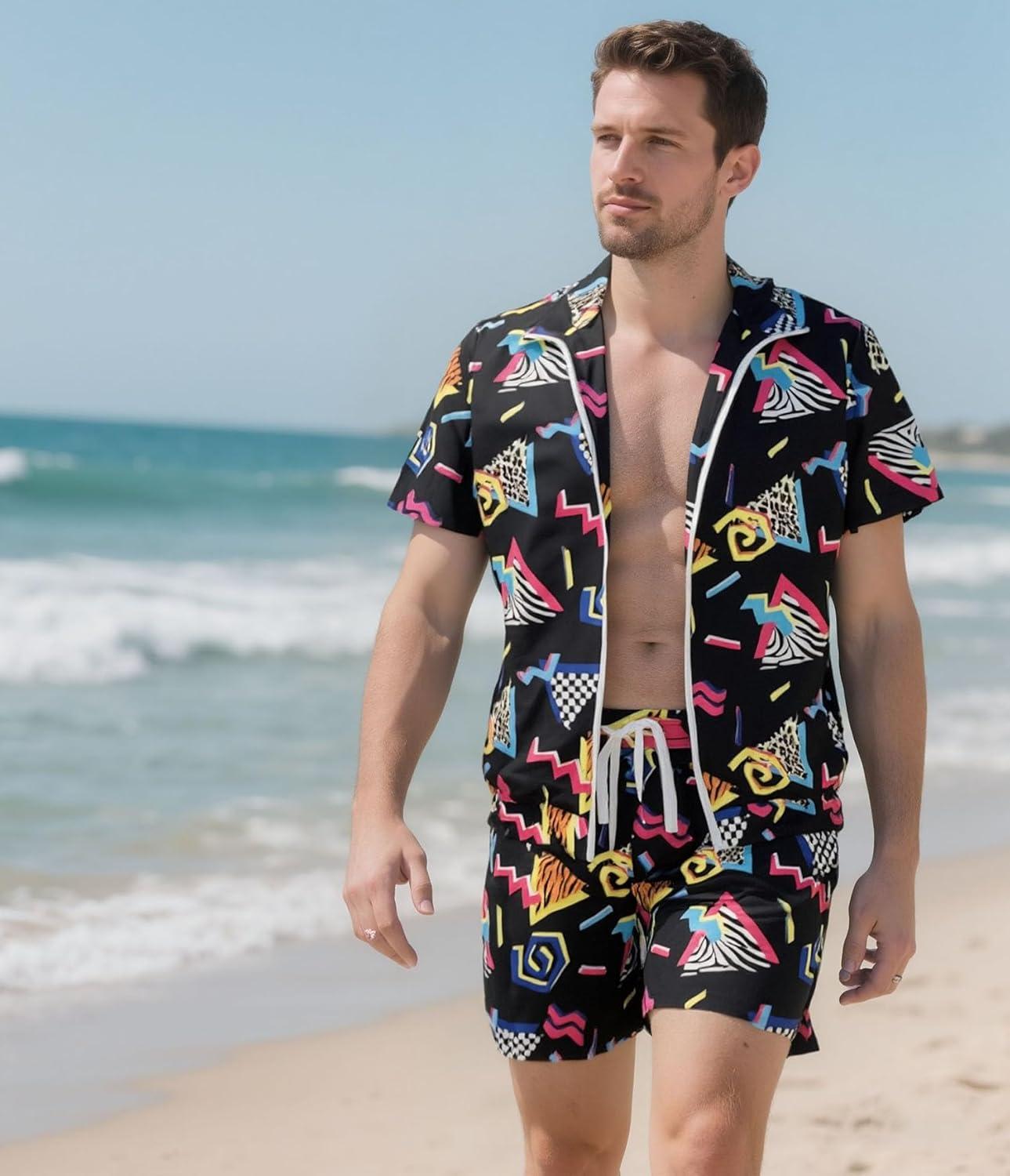 imageUOUA 80s Outfit for Men 90s Color Block Costumes 2 Piece Retro Short Sleeve Jacket ampamp Shorts Set for PartyBlackprint
