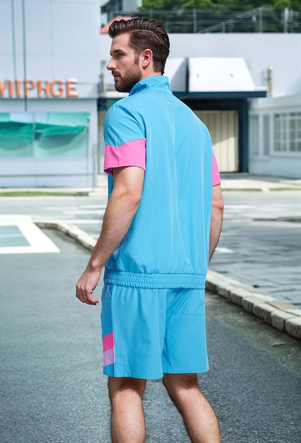imageUOUA 80s Outfit for Men 90s Color Block Costumes 2 Piece Retro Short Sleeve Jacket ampamp Shorts Set for PartyBlue