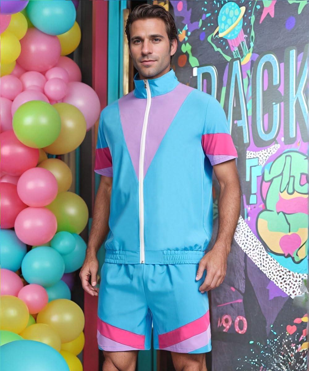 imageUOUA 80s Outfit for Men 90s Color Block Costumes 2 Piece Retro Short Sleeve Jacket ampamp Shorts Set for PartyBlue