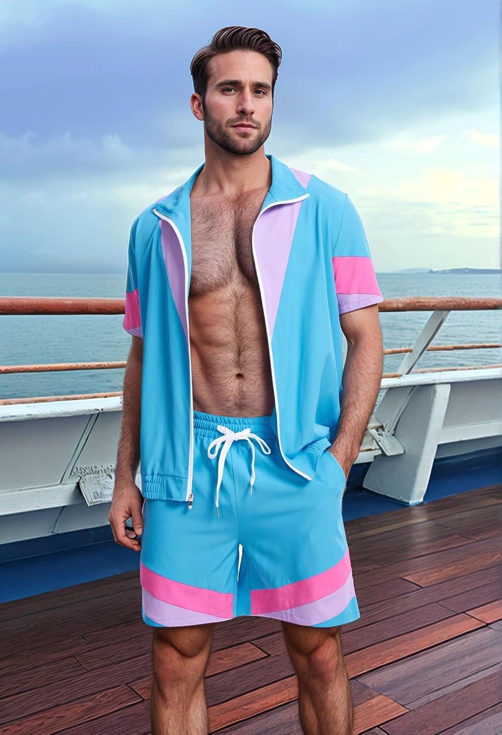 imageUOUA 80s Outfit for Men 90s Color Block Costumes 2 Piece Retro Short Sleeve Jacket ampamp Shorts Set for PartyBlue