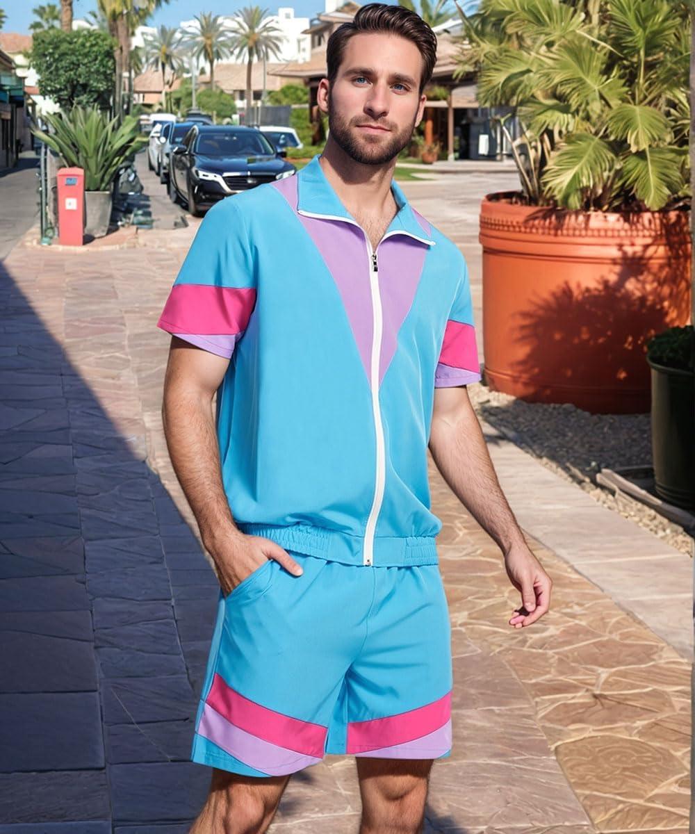 imageUOUA 80s Outfit for Men 90s Color Block Costumes 2 Piece Retro Short Sleeve Jacket ampamp Shorts Set for PartyBlue