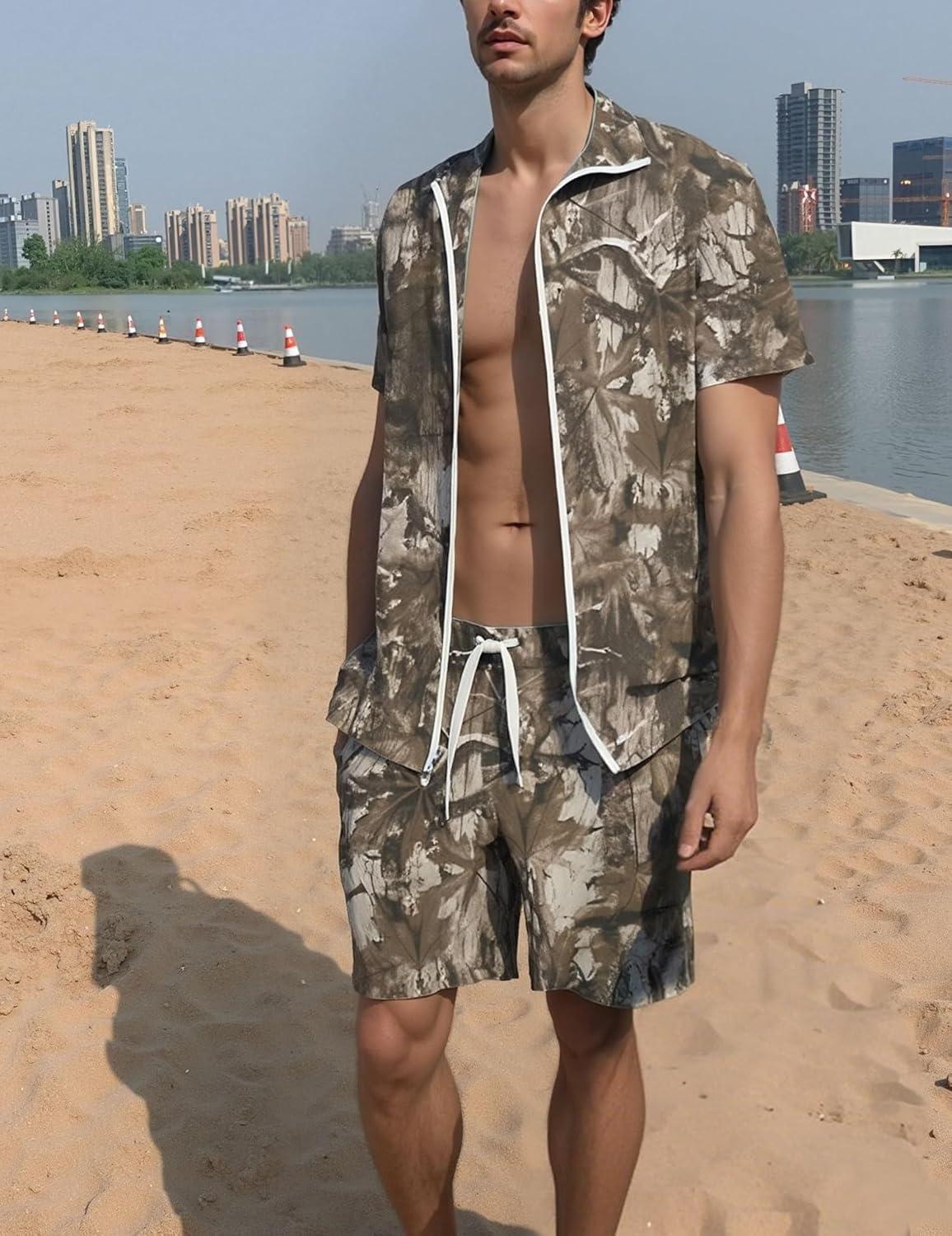 imageUOUA 80s Outfit for Men 90s Color Block Costumes 2 Piece Retro Short Sleeve Jacket ampamp Shorts Set for PartyBrown Leaves