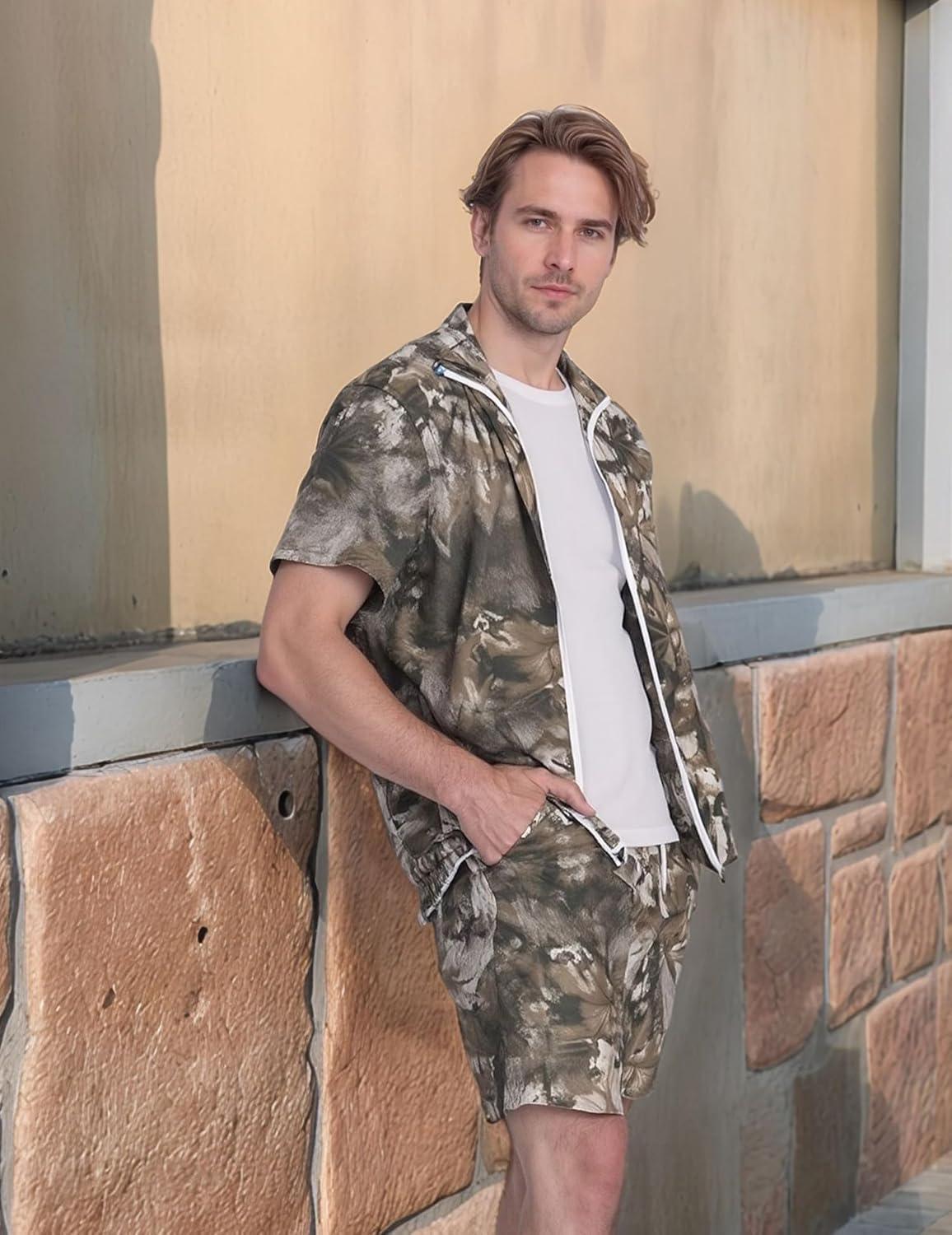 imageUOUA 80s Outfit for Men 90s Color Block Costumes 2 Piece Retro Short Sleeve Jacket ampamp Shorts Set for PartyBrown Leaves