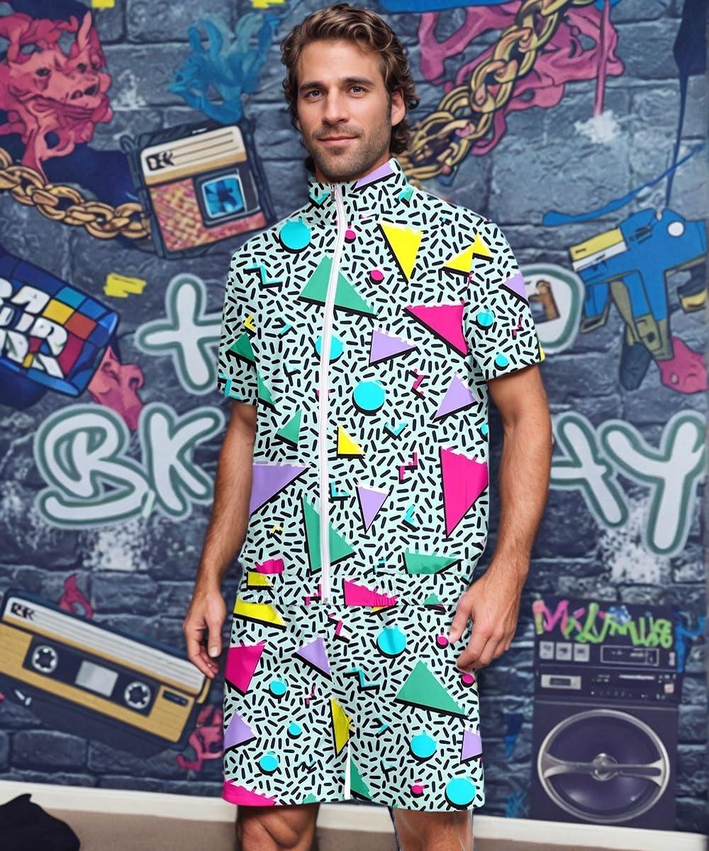 imageUOUA 80s Outfit for Men 90s Color Block Costumes 2 Piece Retro Short Sleeve Jacket ampamp Shorts Set for PartyGreenishprint