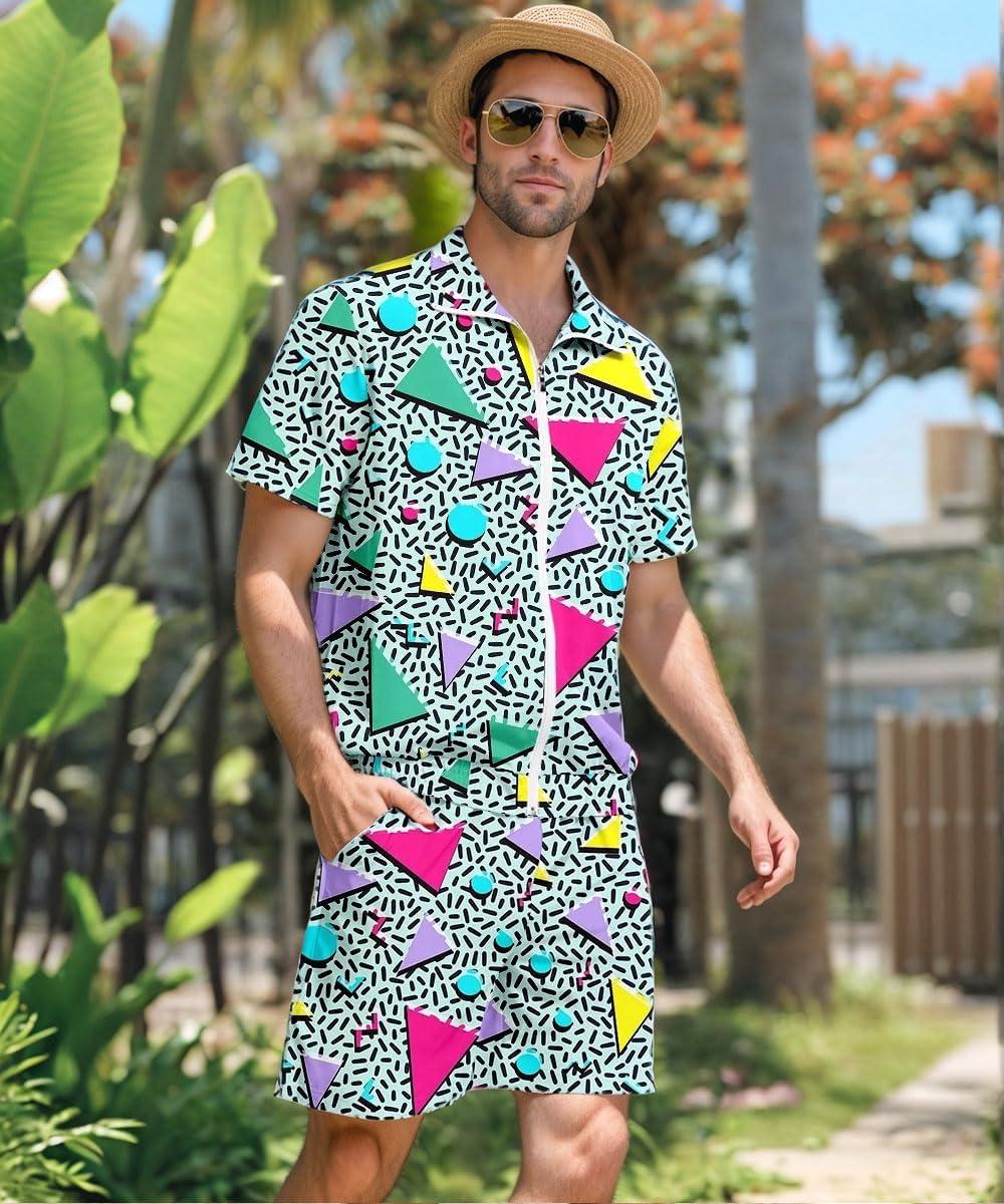 imageUOUA 80s Outfit for Men 90s Color Block Costumes 2 Piece Retro Short Sleeve Jacket ampamp Shorts Set for PartyGreenishprint