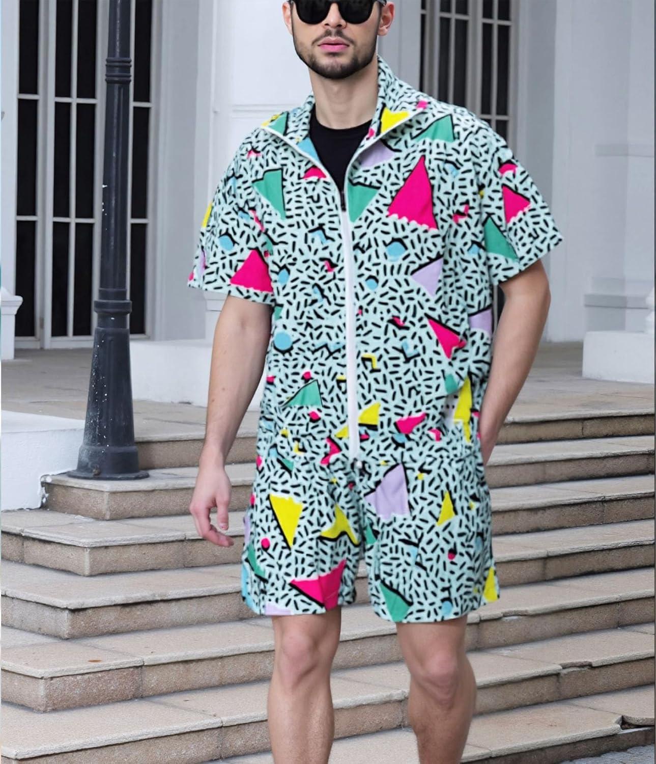 imageUOUA 80s Outfit for Men 90s Color Block Costumes 2 Piece Retro Short Sleeve Jacket ampamp Shorts Set for PartyGreenishprint