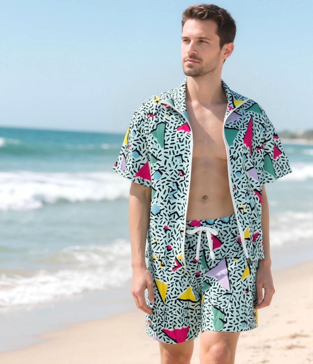 imageUOUA 80s Outfit for Men 90s Color Block Costumes 2 Piece Retro Short Sleeve Jacket ampamp Shorts Set for PartyGreenishprint